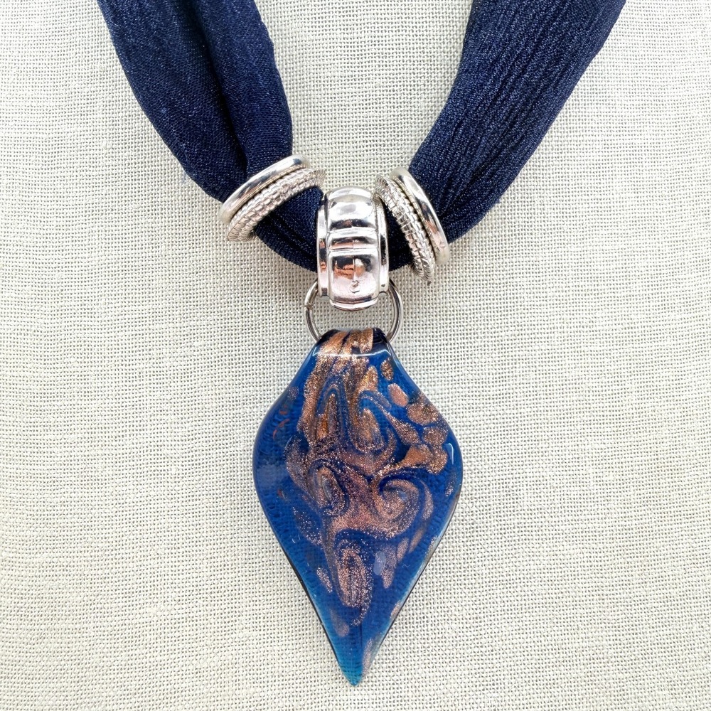 Vintage Silver Tone Blue Glass Pendant Necklace with Navy Ribbon Choker 90s